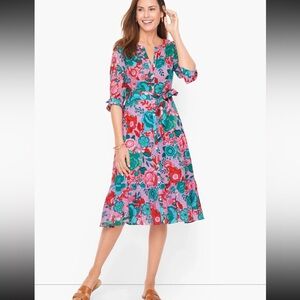 Talbots Sketched Blooms Floral Belted Shirt Dress Lavender Size 2. EUC.